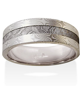 Willow Mokume in 14k Pd White Gold and Silver with Meteorite Inlay